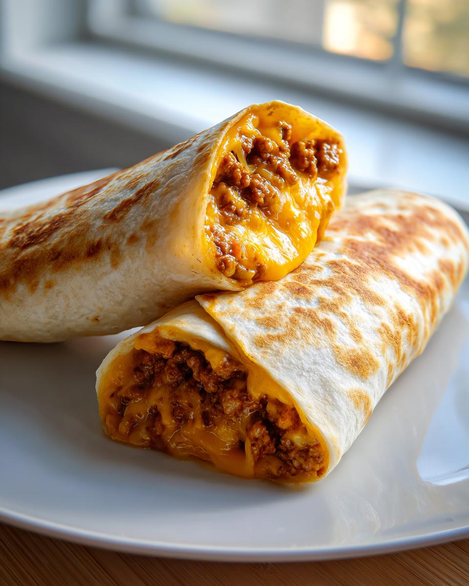 Close-up of two halves of a grilled beef burrito, revealing a rich, cheesy, seasoned ground beef filling.