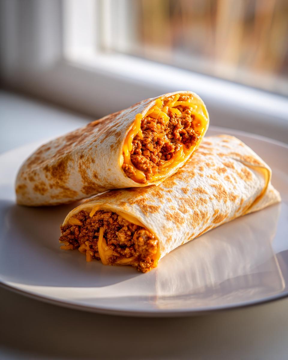 Two halves of a delicious beef burritos, showing the seasoned ground beef and melted cheese filling, resting on a white plate.