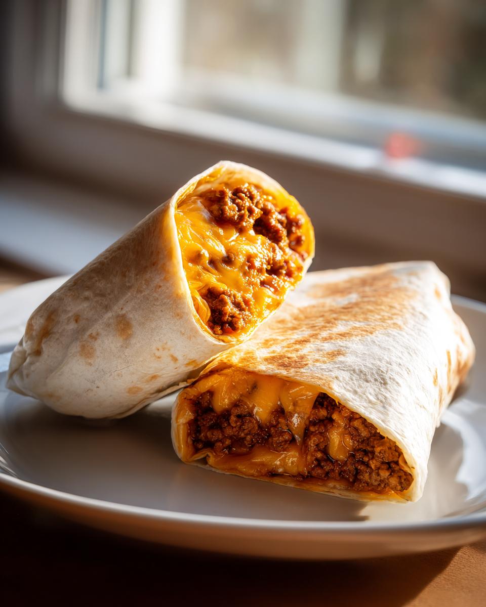 Two halves of a cheesy ground beef burrito cut open, showing seasoned ground beef and melted cheddar cheese inside a warm tortilla.