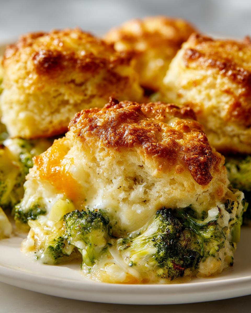 A close-up serving of broccoli biscuit casserole showing melted cheese oozing around tender broccoli florets topped with a golden biscuit.