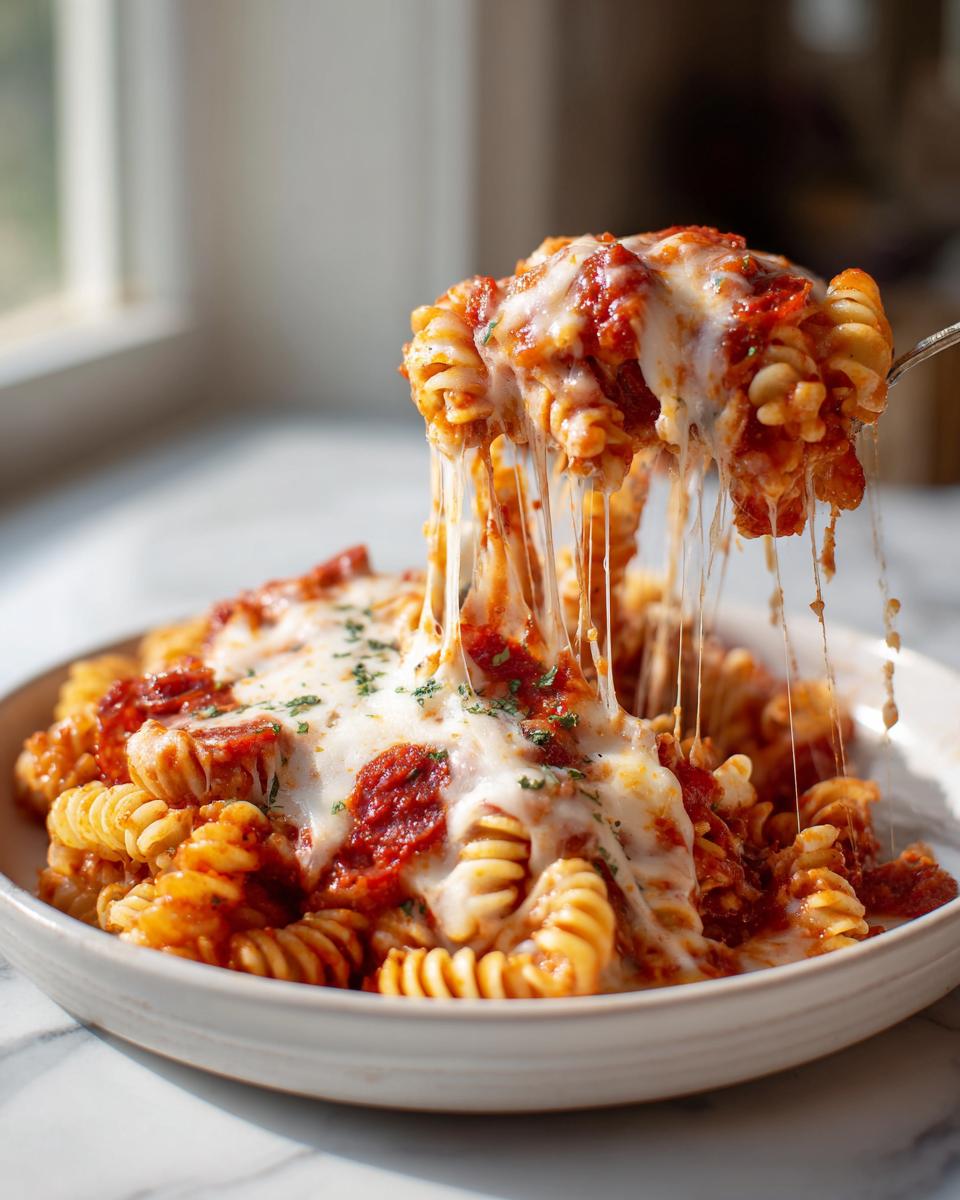 A spoonful of pizza pasta bake lifted from a bowl, showing dramatic cheese pulls of melted mozzarella over rotini pasta and tomato sauce.