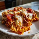 A close-up, appetizing serving of pizza pasta bake with gooey, melted cheese stretching over rotini pasta and pepperoni slices.