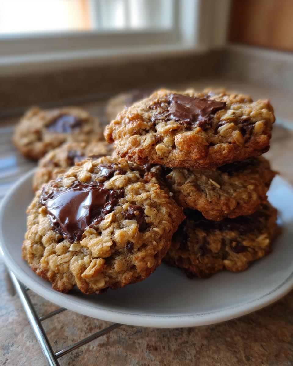 A stack of freshly baked cowboy cookies featuring oats and pools of melted chocolate on a light plate.