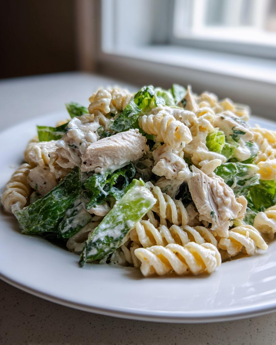 A serving of chicken caesar pasta salad featuring rotini pasta, sliced chicken, and romaine lettuce tossed in creamy dressing.