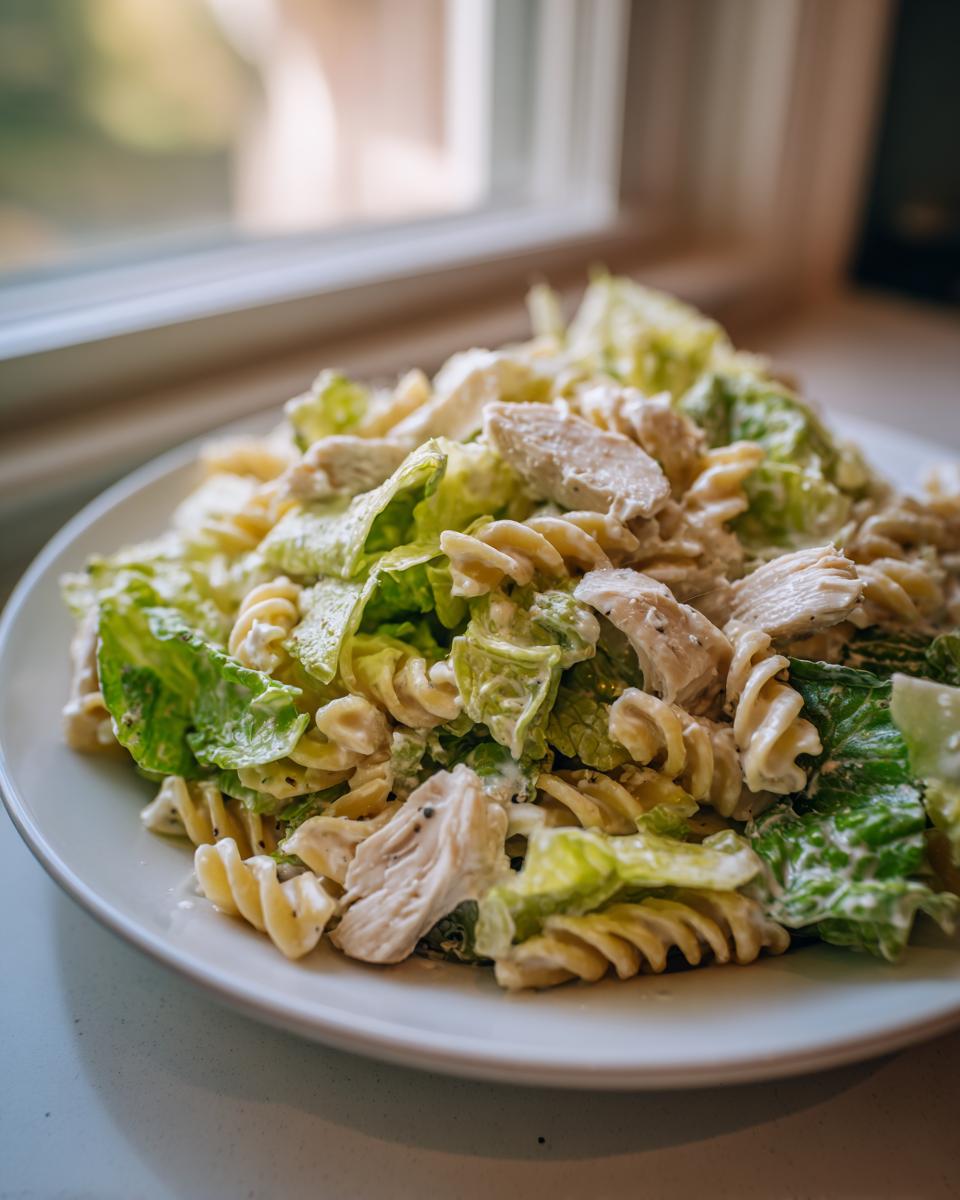 A close-up of a plate of chicken caesar pasta salad featuring rotini pasta, chopped romaine lettuce, and sliced chicken tossed in creamy dressing.