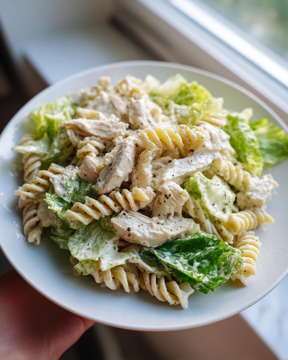 A close-up of a white plate holding a serving of chicken caesar pasta salad with rotini pasta, shredded chicken, and creamy dressing.