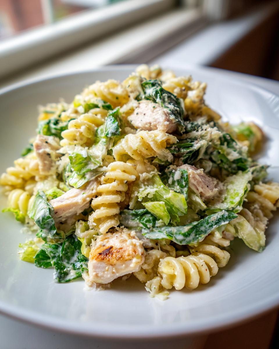 Close-up of a white bowl filled with creamy chicken caesar pasta salad featuring fusilli pasta, grilled chicken pieces, and romaine lettuce.