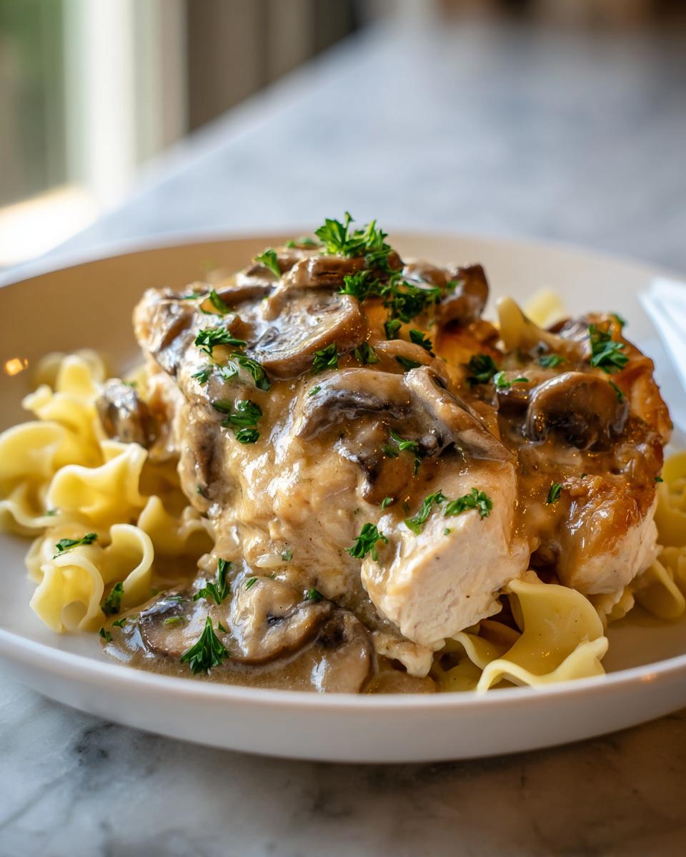 A close-up of a serving of chicken marsala casserole topped with creamy mushroom sauce and parsley, served over egg noodles.