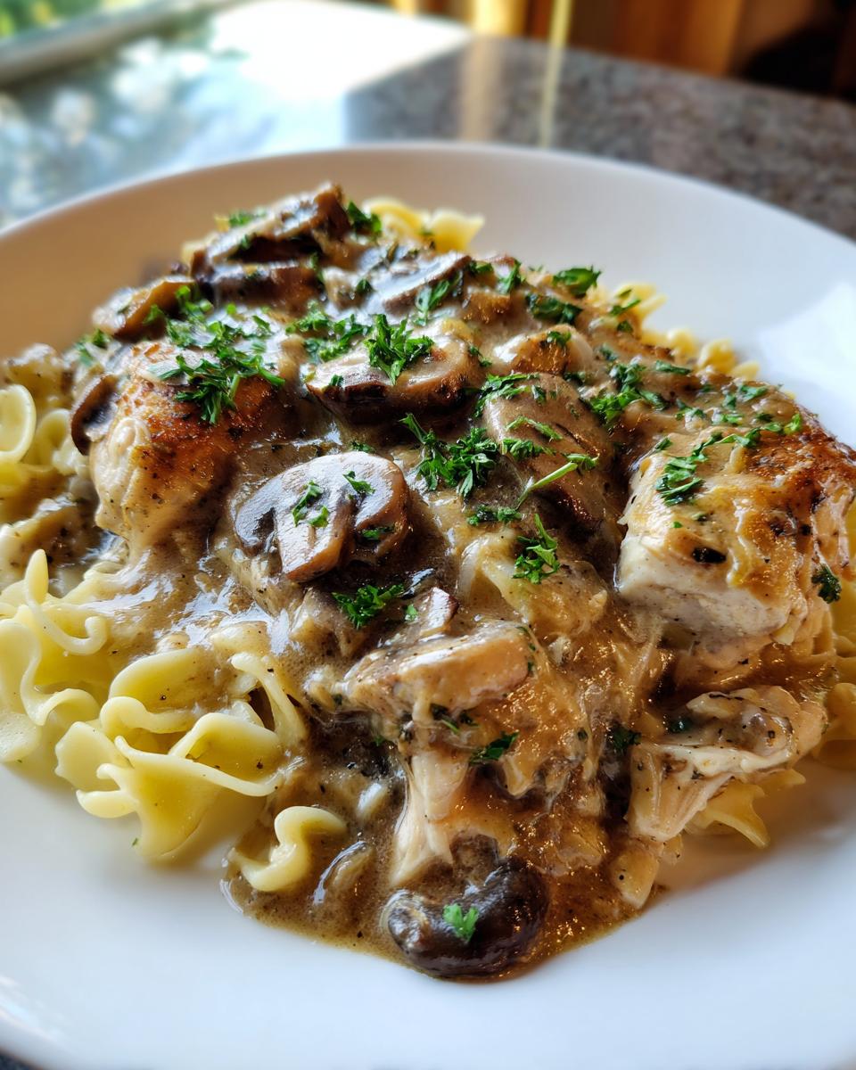 A close-up of a serving of chicken marsala casserole over egg noodles, topped with creamy mushroom sauce and parsley.