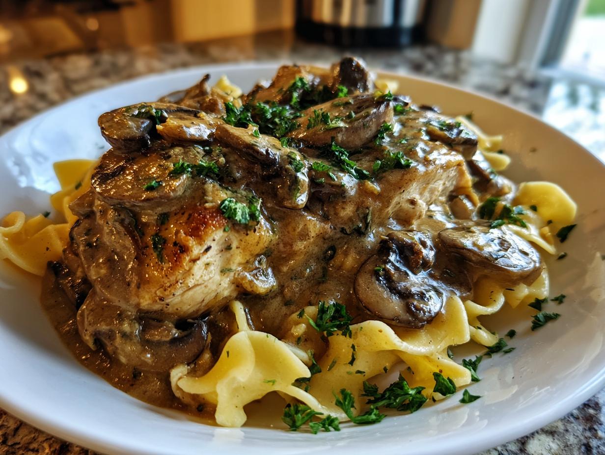 A serving of chicken marsala casserole featuring a piece of chicken smothered in mushroom sauce over egg noodles, garnished with parsley.