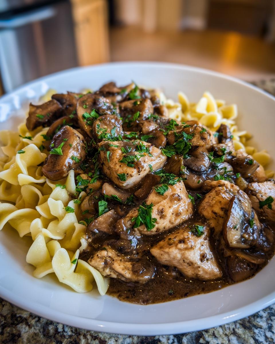 Close-up of chicken pieces and mushrooms in a rich sauce, served over egg noodles, resembling a chicken marsala casserole.