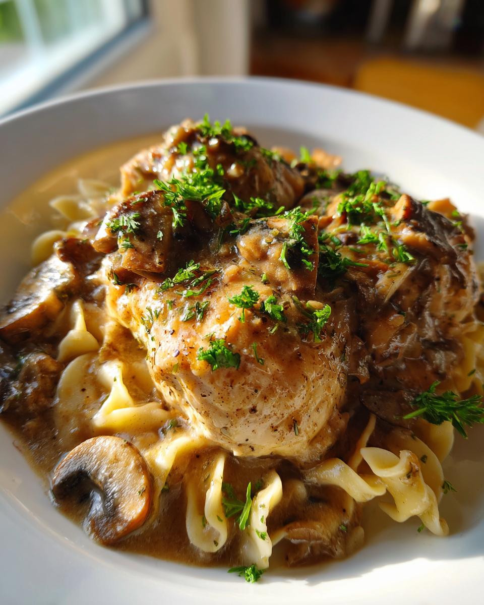 Close-up of a serving of chicken marsala casserole over egg noodles, topped with rich mushroom sauce and fresh parsley.