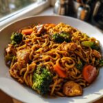 A close-up, appetizing shot of a bowl filled with glossy chicken ramen stir fry, featuring noodles, chicken pieces, broccoli, and carrots.