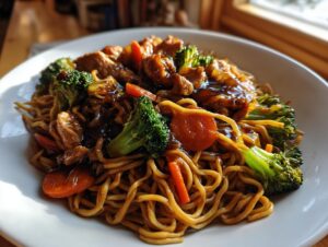 A close-up of a vibrant chicken ramen stir fry featuring noodles, chicken pieces, bright green broccoli, and sliced carrots coated in a dark sauce.