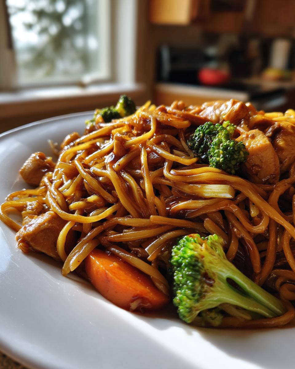 Close-up of a plate featuring saucy chicken ramen stir fry mixed with bright green broccoli florets and orange carrot slices.
