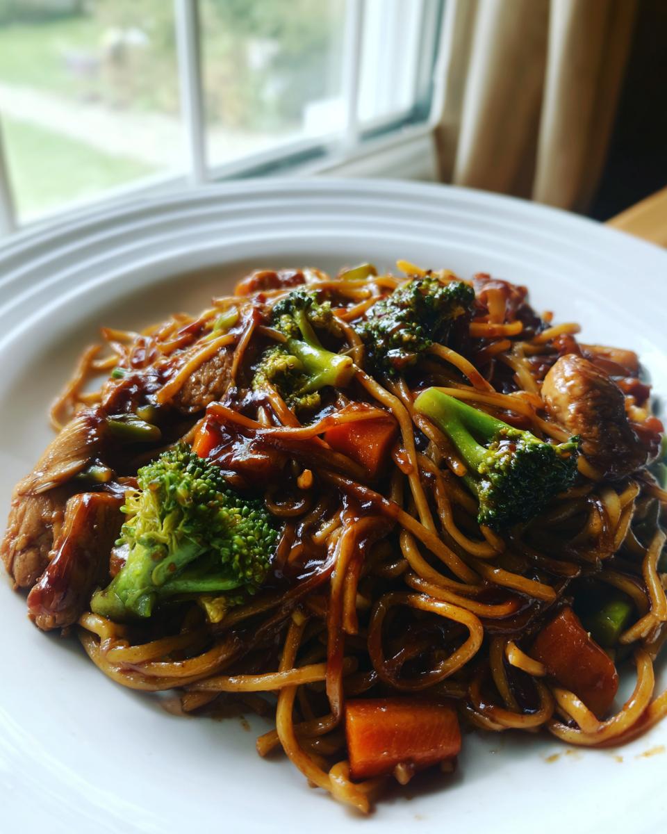 Close-up of a plate featuring savory chicken ramen stir fry coated in dark sauce with bright green broccoli florets and orange carrots.