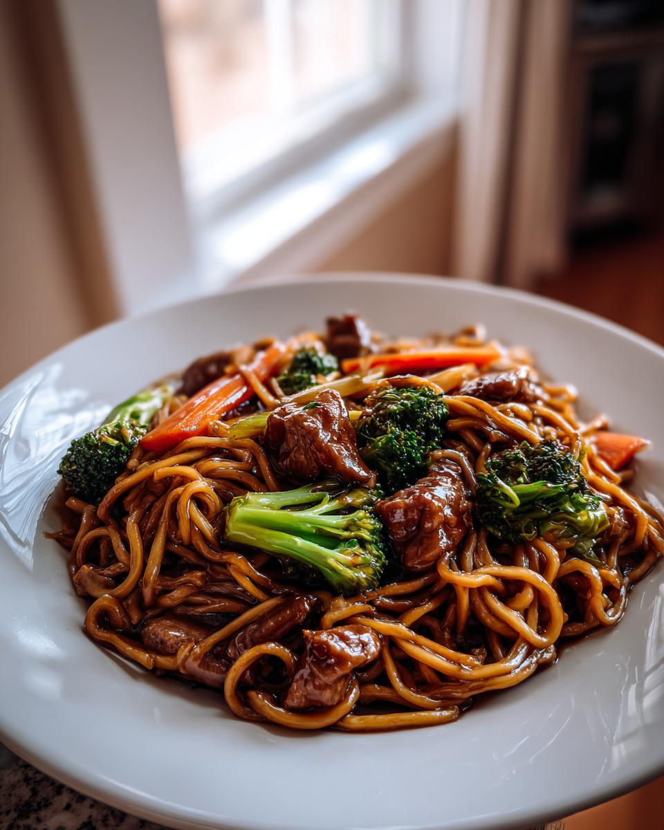 Close-up of a savory chicken ramen stir fry featuring glossy noodles, chunks of meat, and bright green broccoli florets.