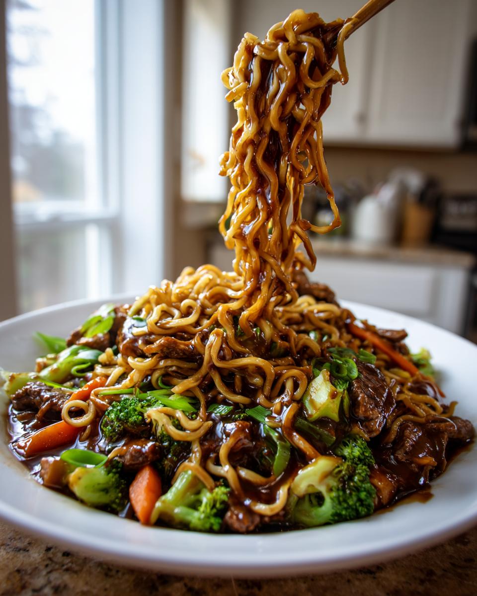 Chopsticks lifting saucy noodles high above a plate of chicken ramen stir fry with broccoli and carrots.