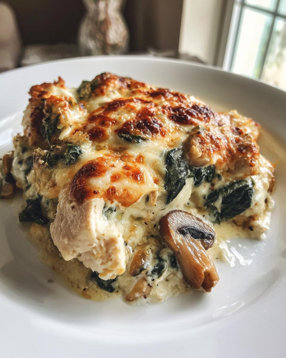 A close-up serving of chicken spinach mushroom low carb oven dish topped with melted, browned cheese.