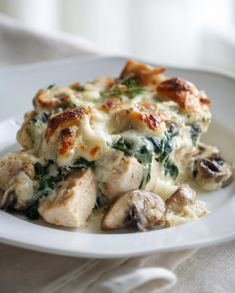 A serving of creamy chicken spinach mushroom low carb oven dish topped with melted, browned cheese.