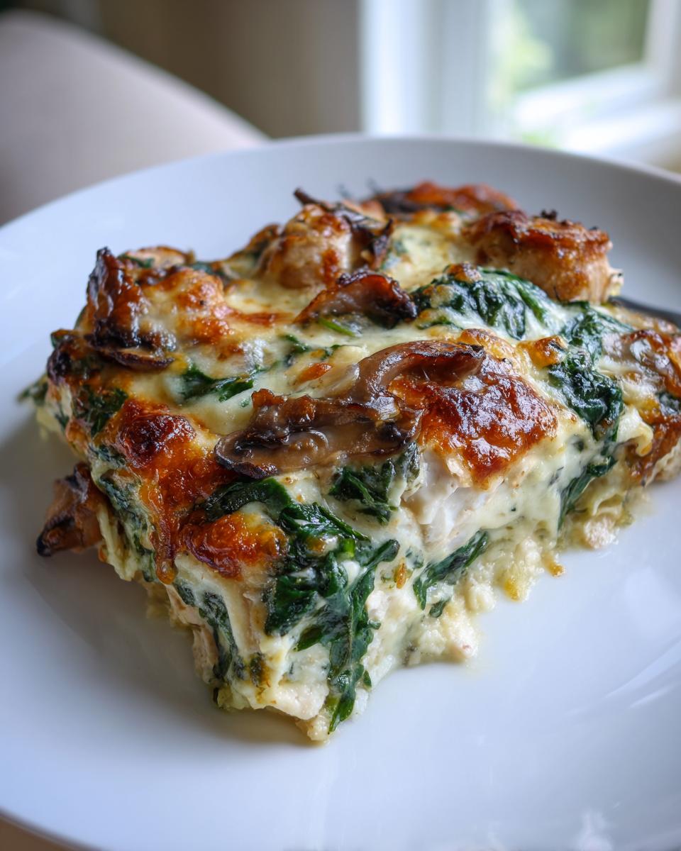 A close-up of a cheesy slice of chicken spinach mushroom low carb oven dish with browned topping.