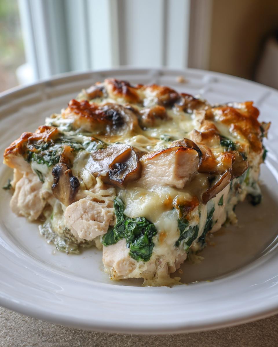 A close-up serving of the chicken spinach mushroom low carb oven dish, topped with melted, browned cheese.