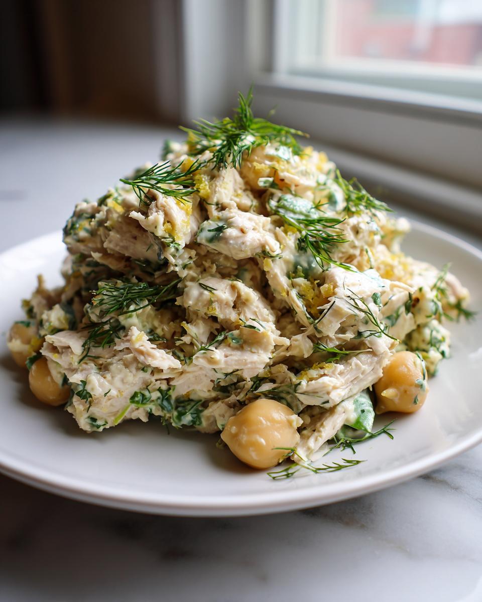 A generous mound of creamy chickpea chicken salad, featuring shredded chicken, chickpeas, and fresh dill, served on a white plate.