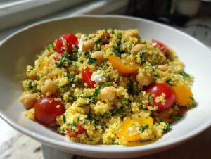 Close-up of a vibrant chickpea quinoa salad featuring yellow quinoa, chickpeas, halved cherry tomatoes, and fresh herbs in a white bowl.