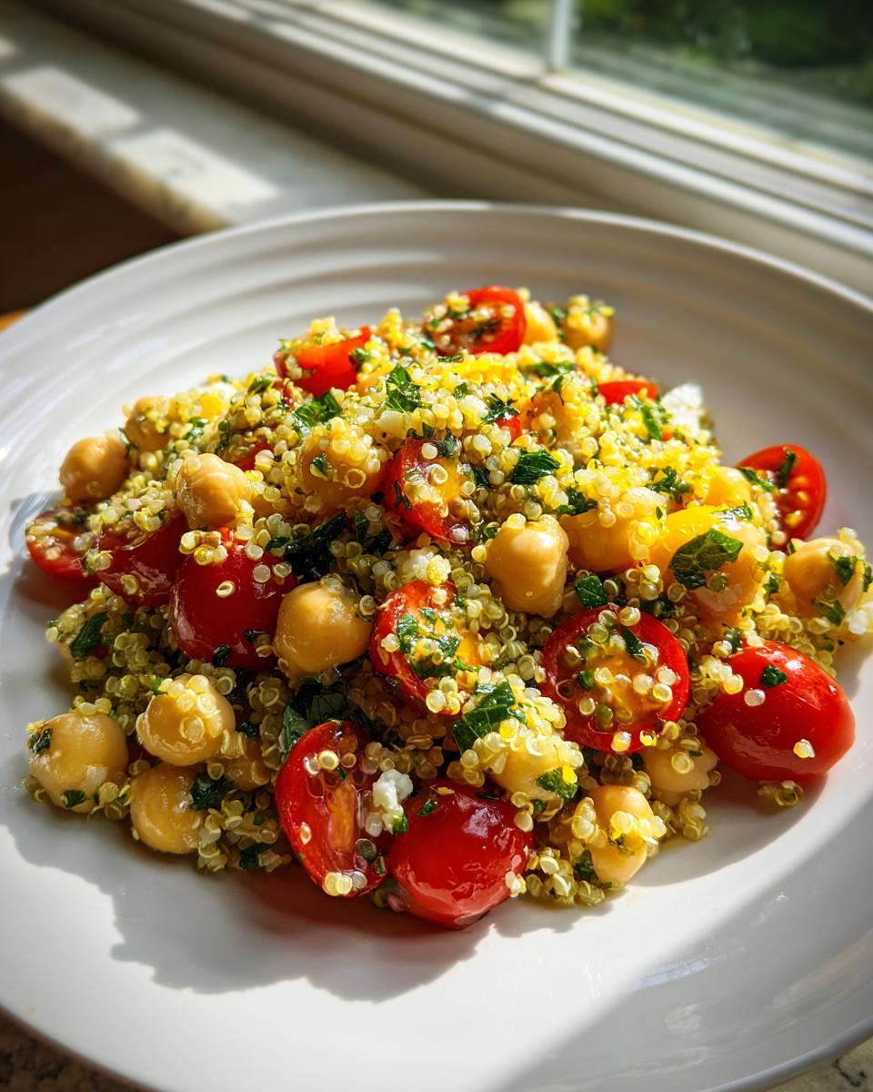 A vibrant serving of chickpea quinoa salad mixed with halved cherry tomatoes and fresh herbs on a white plate.