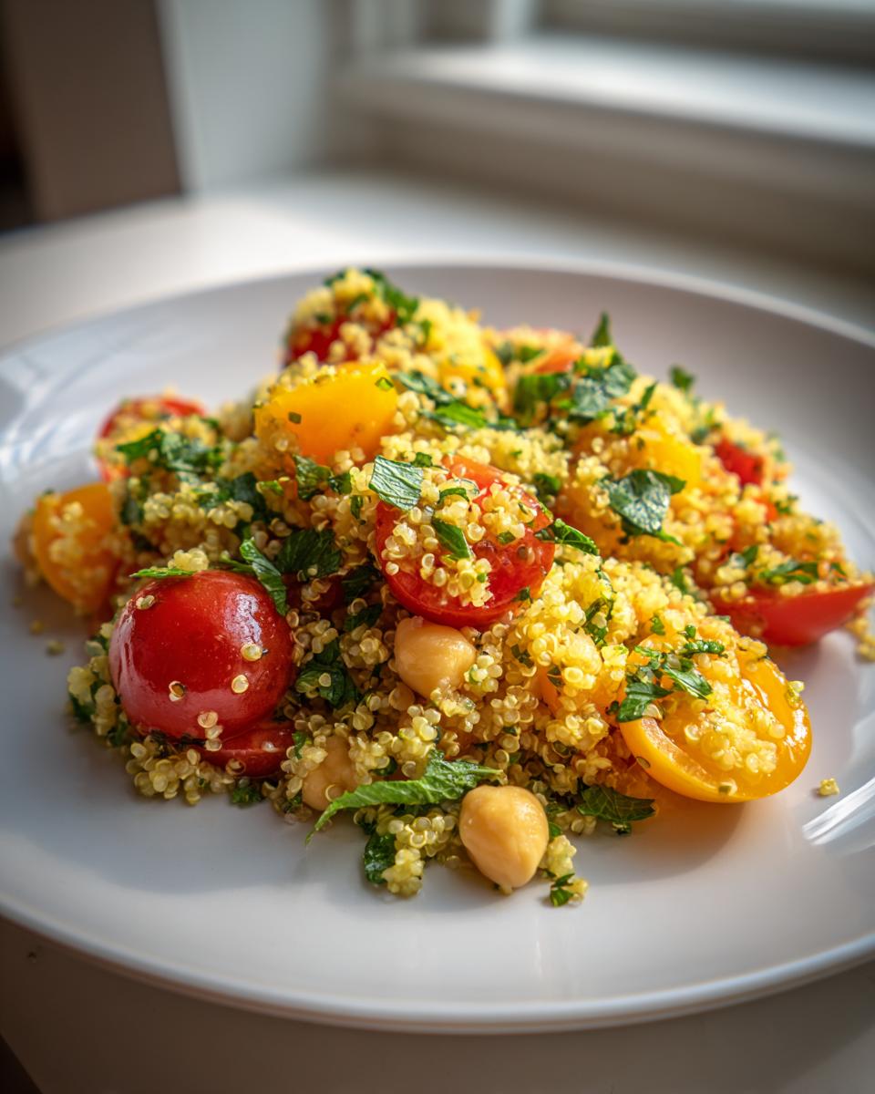 Close-up of a vibrant chickpea quinoa salad featuring yellow and red cherry tomatoes and fresh mint.