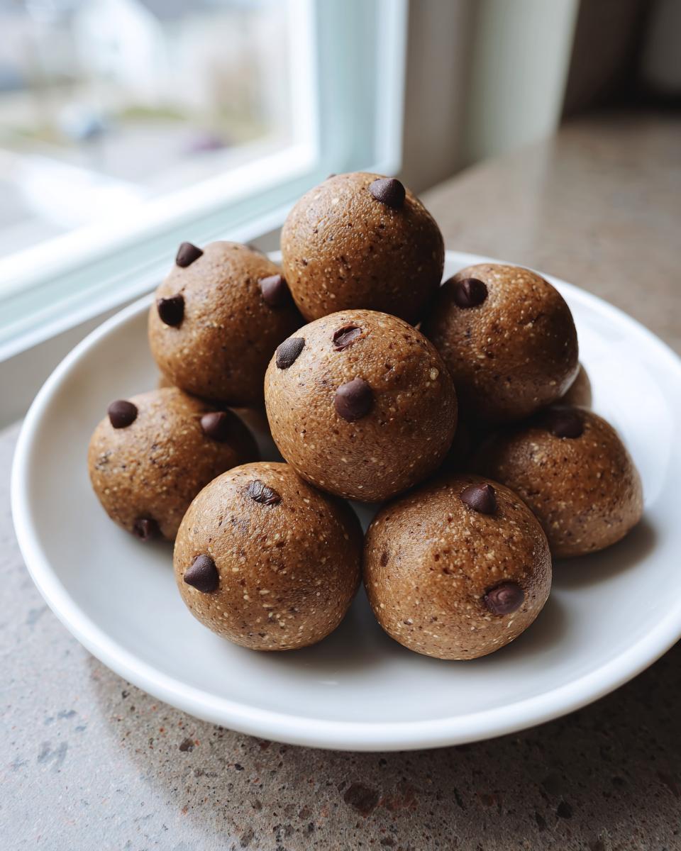 A close-up of several homemade chocolate chip protein balls stacked on a small white plate near a window.