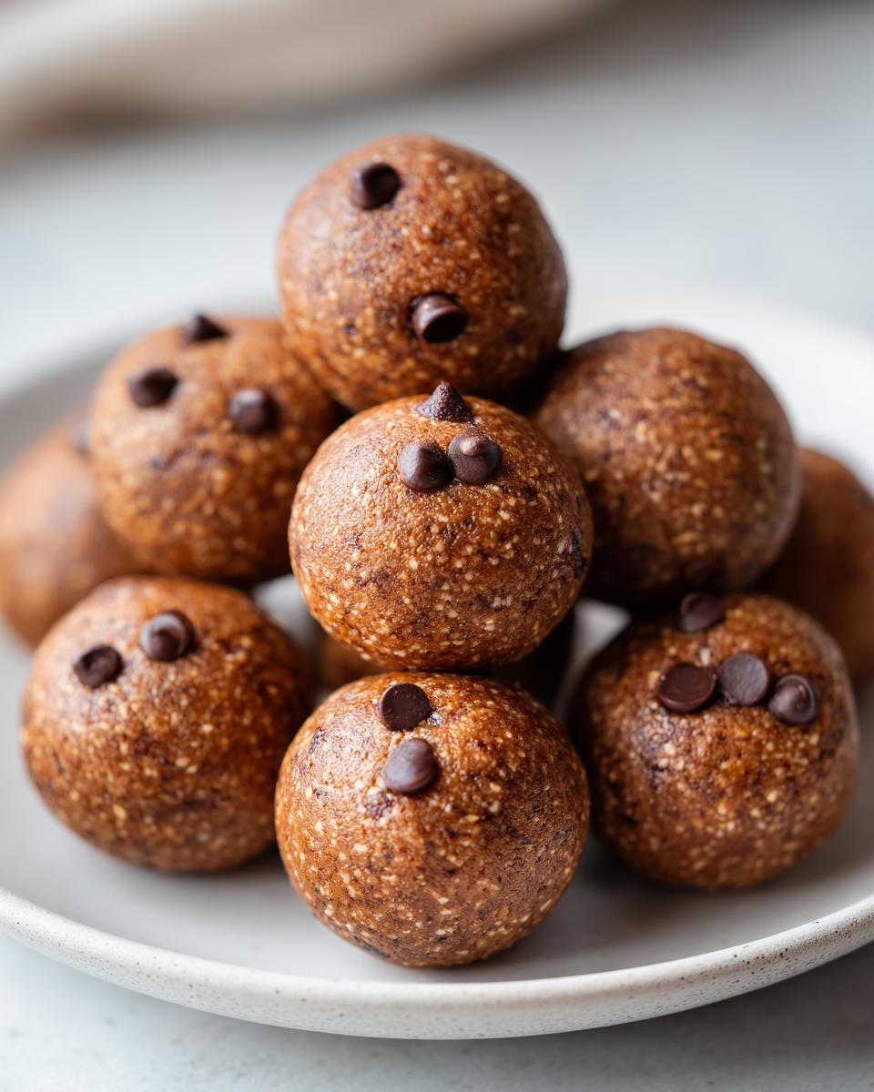 Close-up of a stack of homemade, textured brown protein balls topped with mini chocolate chips.