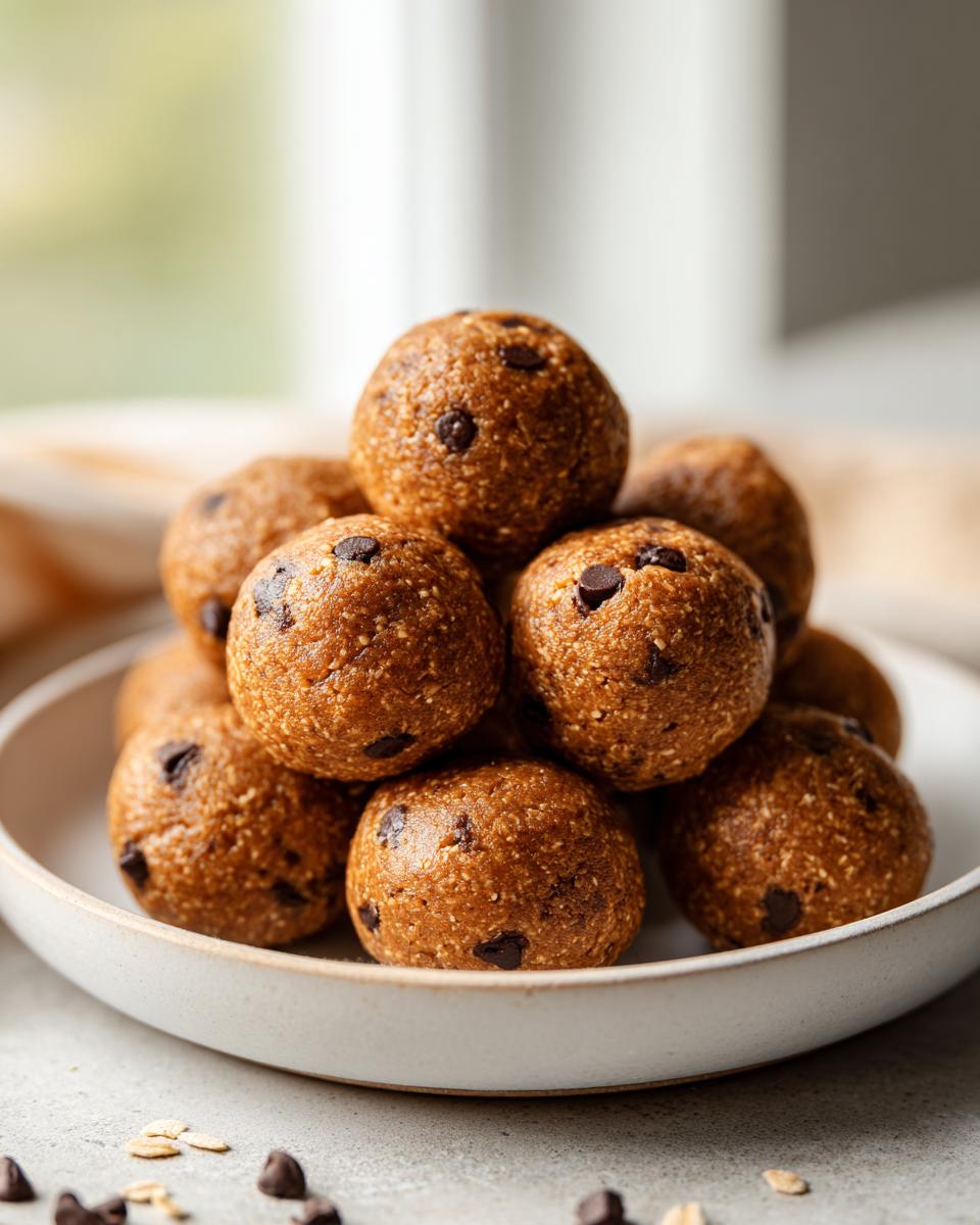 A close-up stack of delicious chocolate chip protein balls piled high in a shallow white bowl.