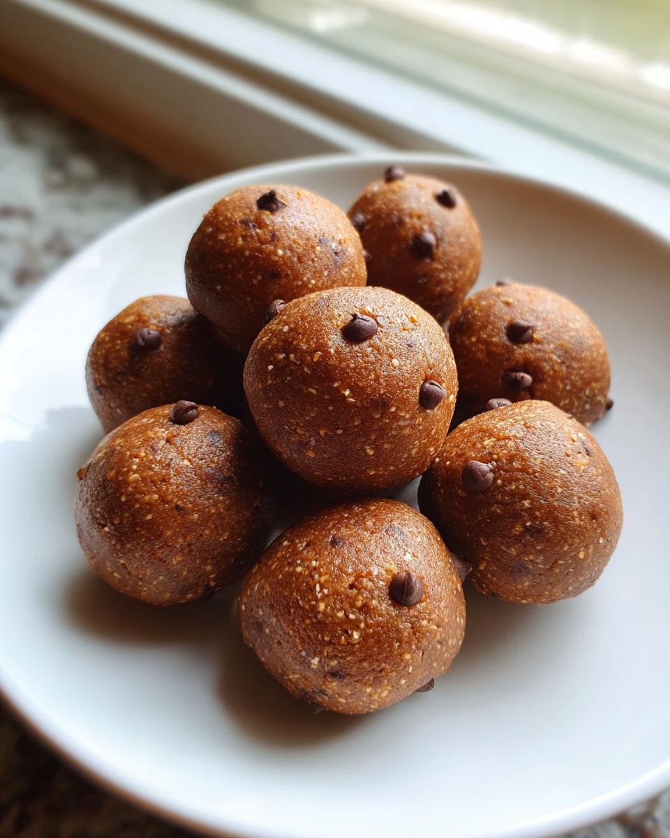 A close-up of several homemade chocolate chip protein balls stacked on a white plate near a window.
