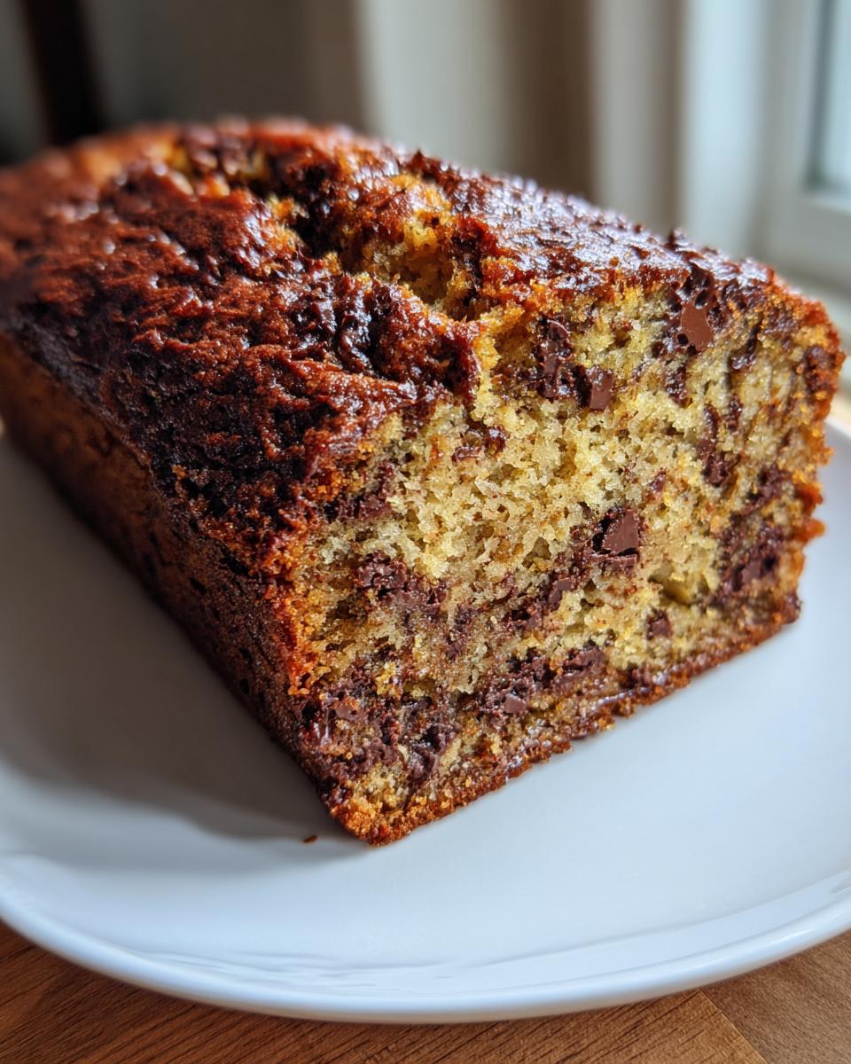 A freshly baked loaf of chocolate chip protein banana bread with a dark, glossy crust, resting on a white plate.
