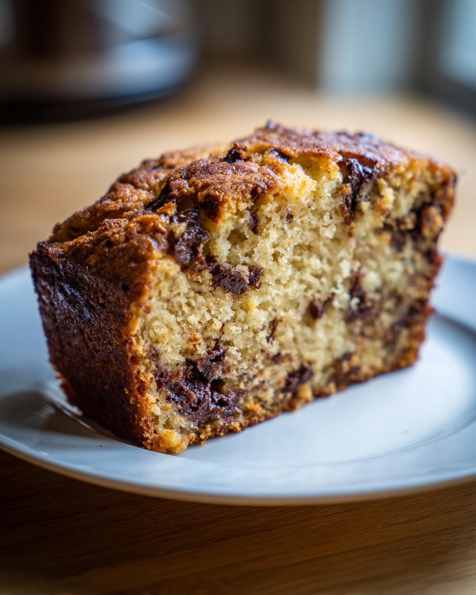 Close-up of a moist slice of protein banana bread packed with melted chocolate chips, served on a white plate.
