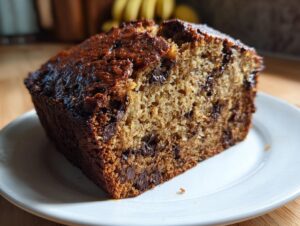Close-up of a moist slice of chocolate chip protein banana bread on a white plate.
