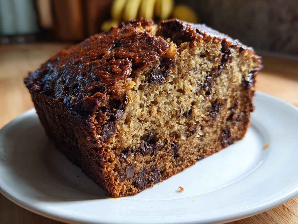 Close-up of a moist slice of chocolate chip protein banana bread on a white plate.