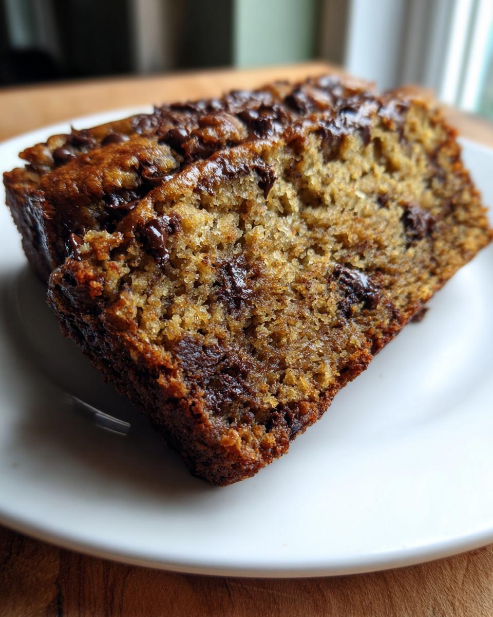 Close-up of two moist slices of chocolate chip protein banana bread on a white plate.