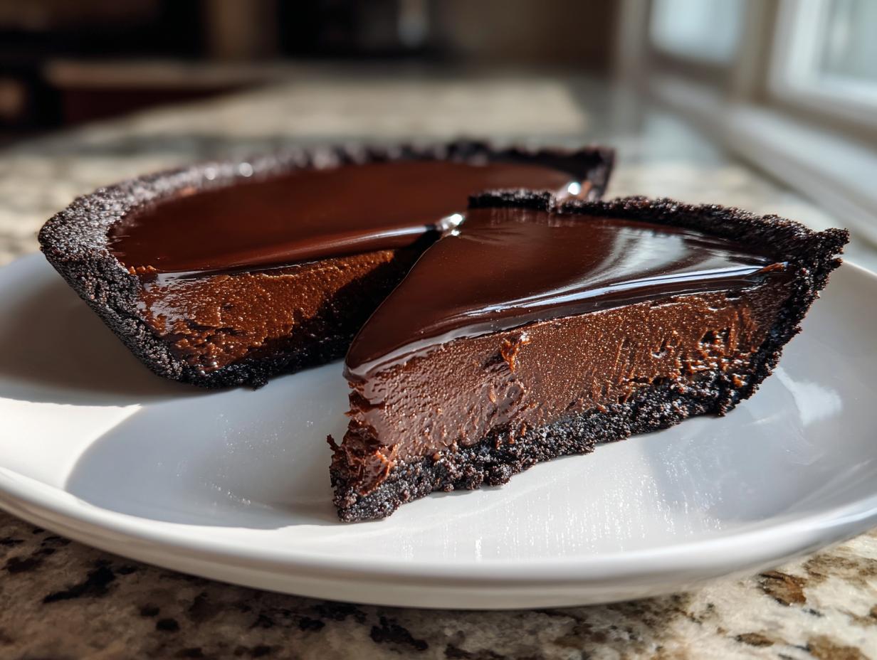 A slice of decadent chocolate fudge pie with a dark, crumbly crust and a shiny ganache topping, resting on a white plate.