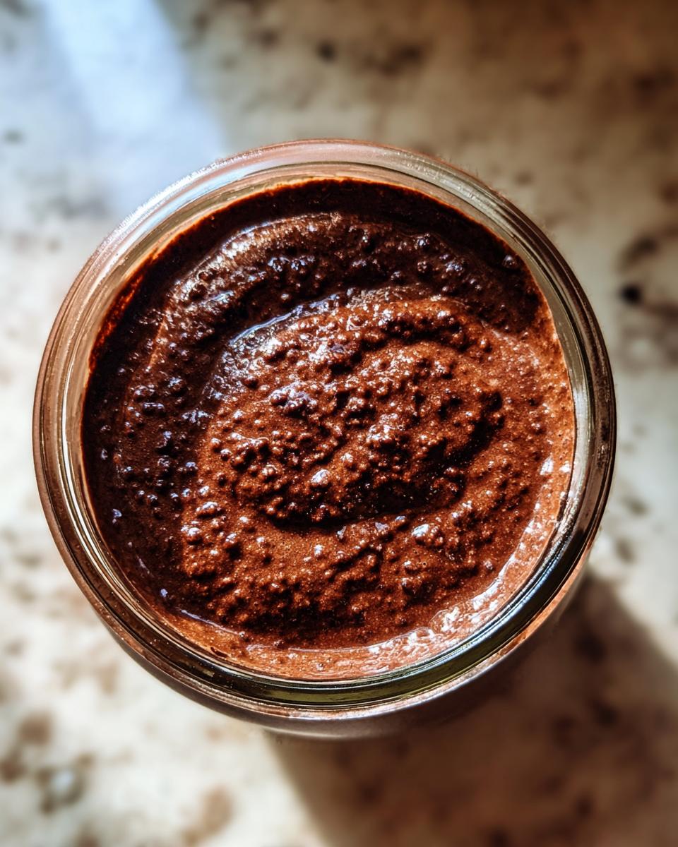 Overhead view of thick, rich chocolate overnight oats mixture inside a glass jar.