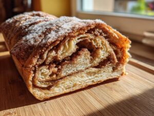 A close-up view of a freshly baked cinnamon sugar bread loaf, showing the swirled layers and sugary topping.
