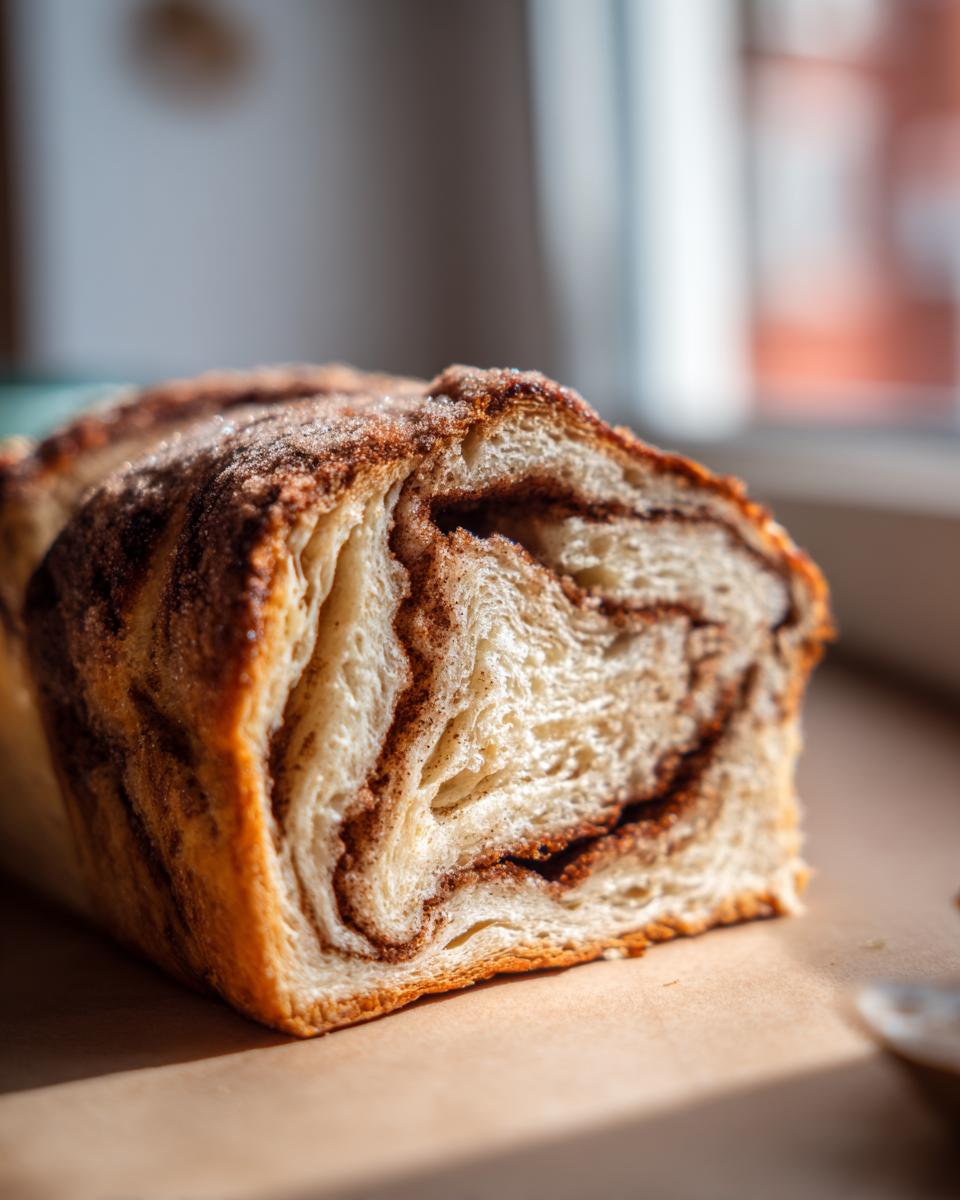 A close-up cross-section view of a freshly baked loaf of cinnamon sugar bread showing soft interior swirls and a sugary topping.
