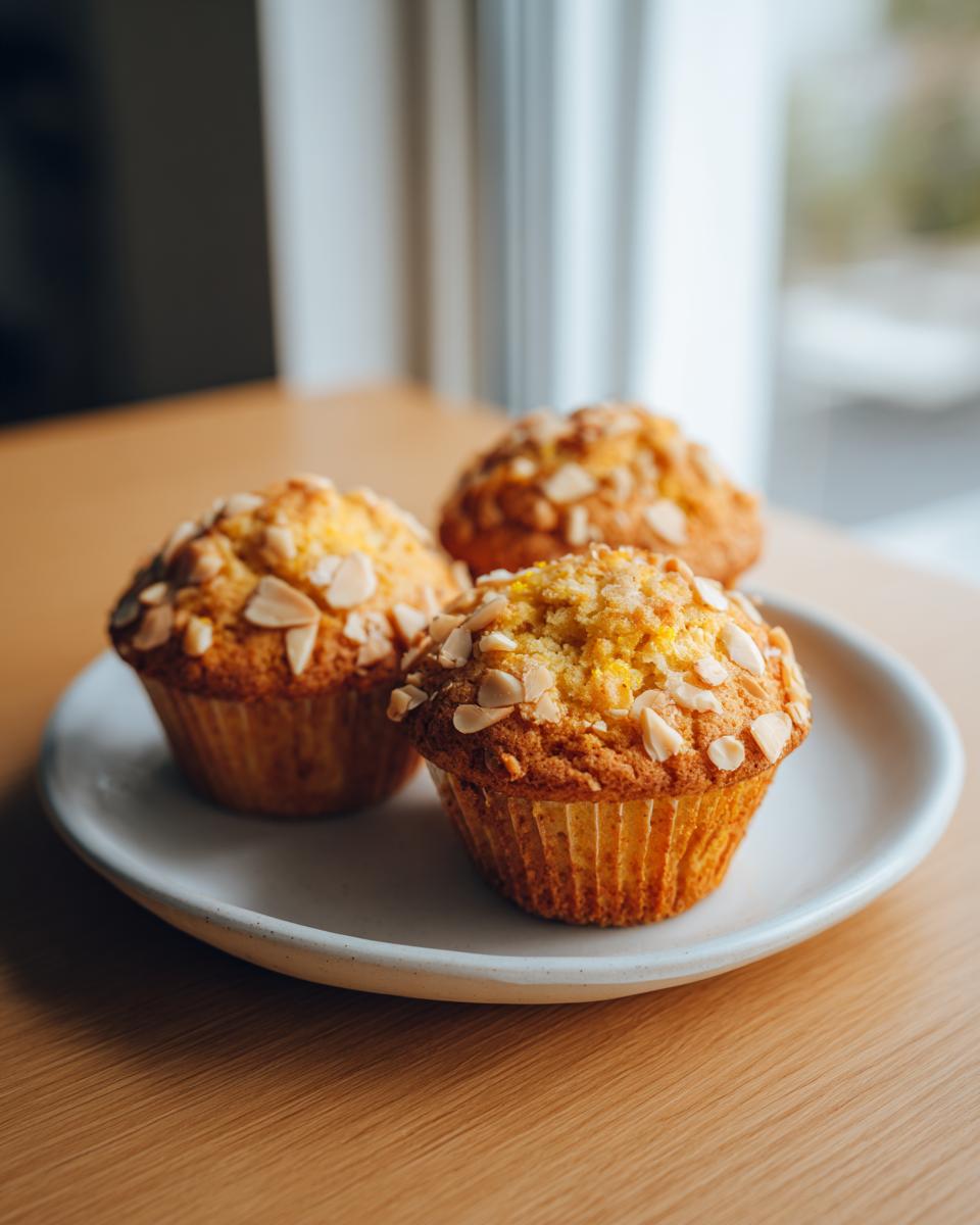 Three freshly baked citrus almond olive oil muffins topped with sliced almonds, resting on a white plate.
