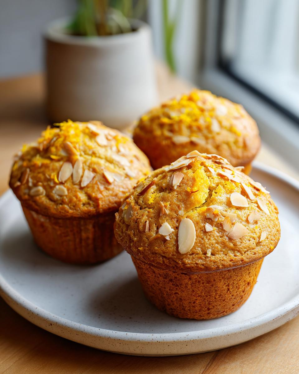 Three golden citrus almond olive oil muffins topped with slivered almonds and orange zest, resting on a speckled plate.