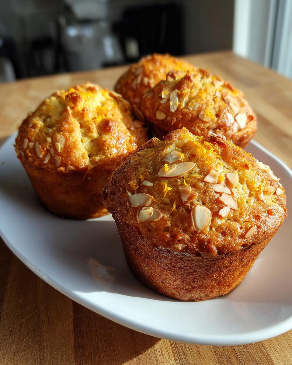 Four golden citrus almond olive oil muffins topped with sliced almonds and zest, served on a white platter.