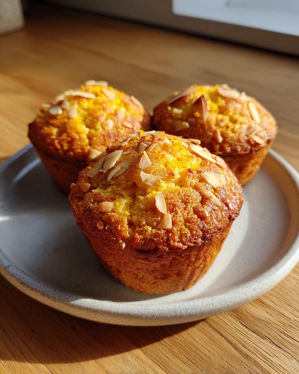 Three golden citrus almond olive oil muffins topped with slivered almonds, resting on a light ceramic plate.
