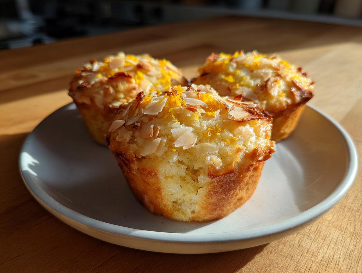Three golden citrus almond olive oil muffins topped with slivered almonds and bright orange zest, resting on a small white plate.