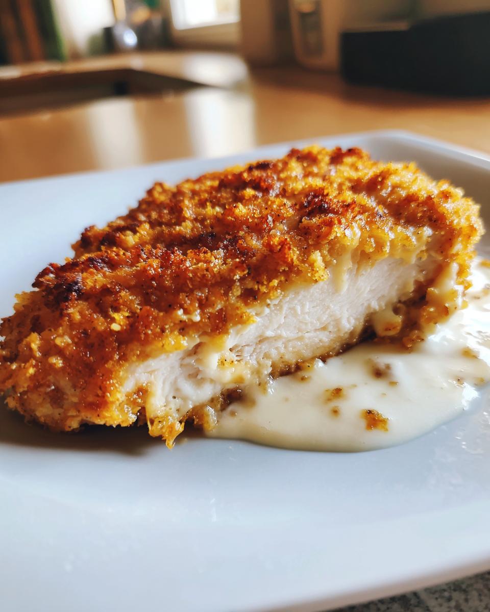Close-up of a cross-section of copycat Longhorn Steakhouse Parmesan Chicken showing crispy coating and creamy sauce.