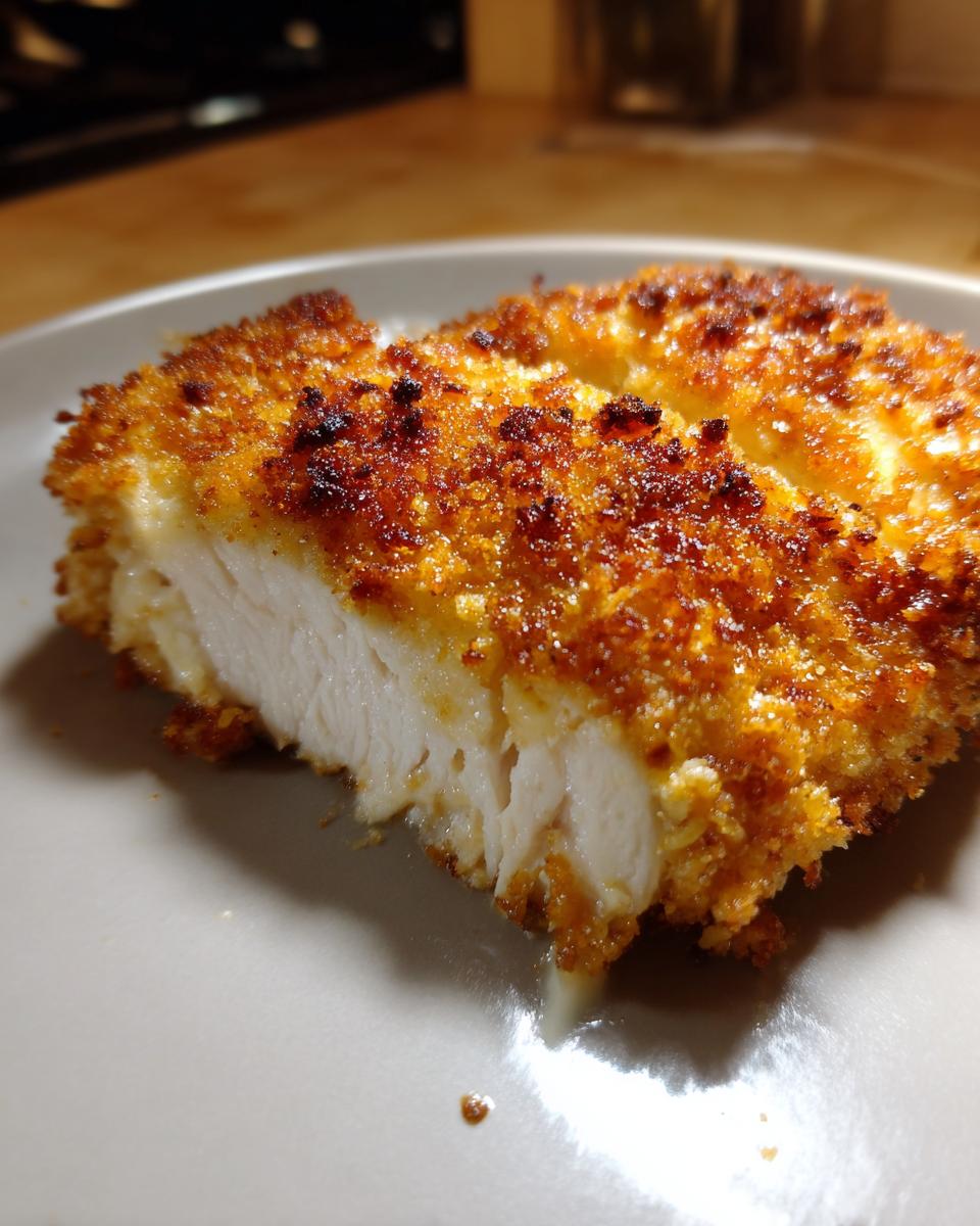 A close-up cross-section showing the juicy white interior of the copycat Longhorn Steakhouse Parmesan Chicken with a crispy, golden-brown breaded crust.